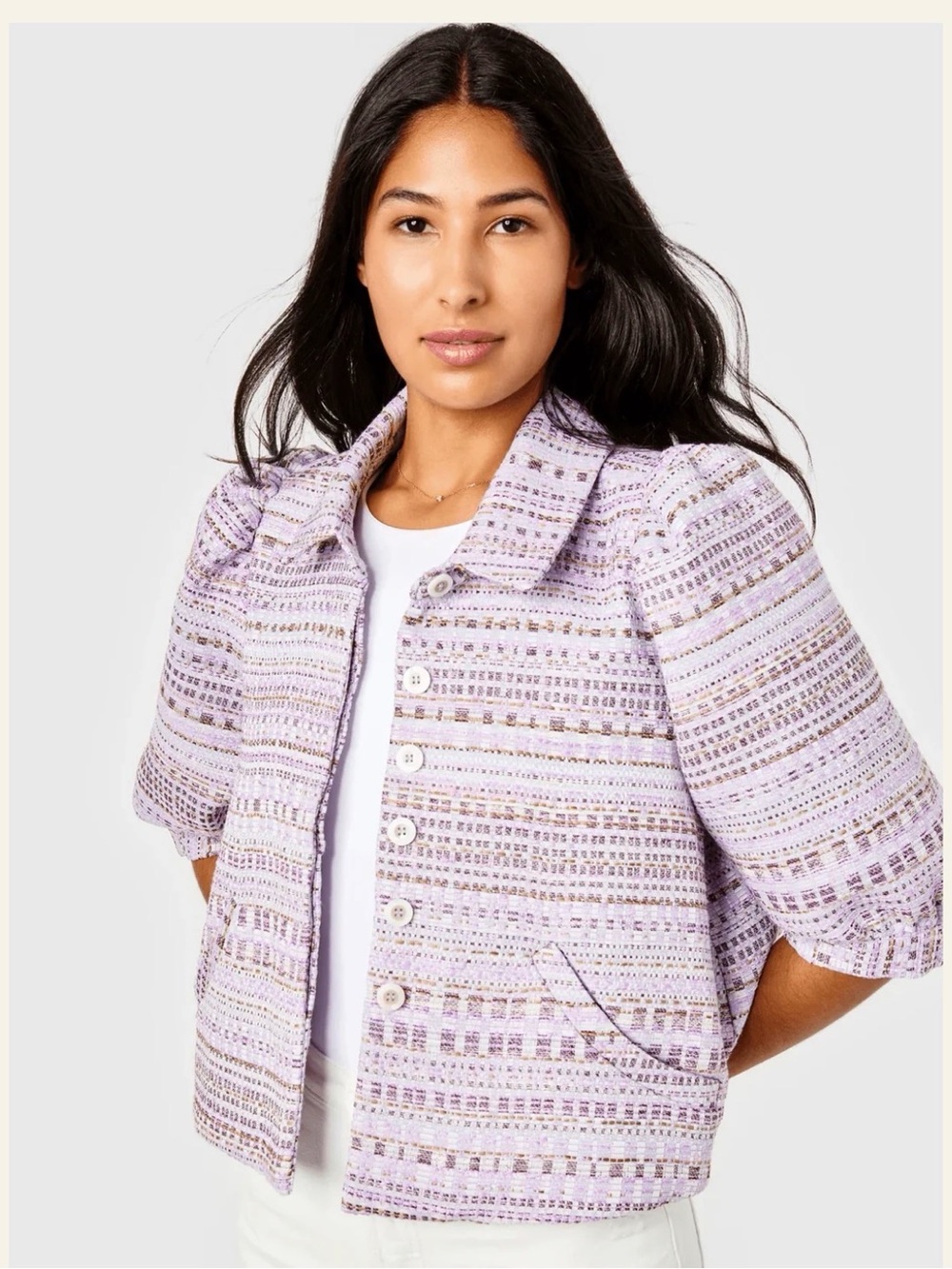 Cartolina Colby Lavender Tweed Puff-Sleeve Jacket